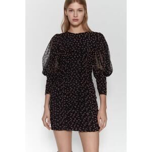Zara Women’s Polka Dot Sheer Draped Long Sleeve Dress
